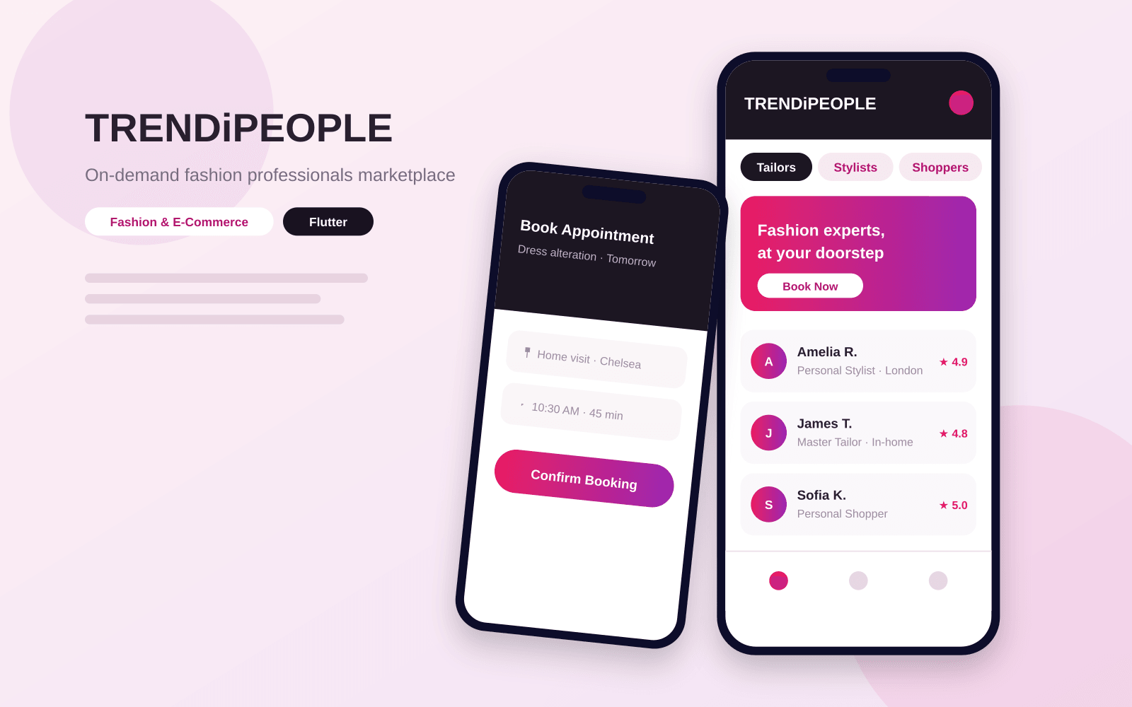 TrendiPeople mobile app screens showing fashion professional listings and appointment booking